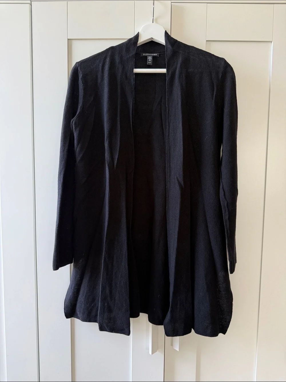 Eileen Fisher Long Open-Front Linen Cotton Black Knit Cardigan - XS